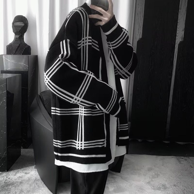 Herren Oversized Strickcardigan mit Karomuster und offener Front Shop Nory
