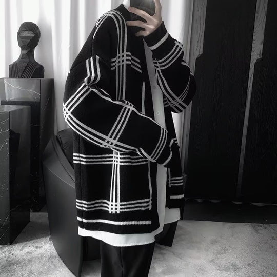 Herren Oversized Strickcardigan mit Karomuster und offener Front Shop Nory