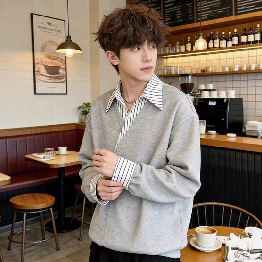 Herren Oversize Pullover mit eingearbeitetem Hemdkragen und V‑Overlap Shop Nory
