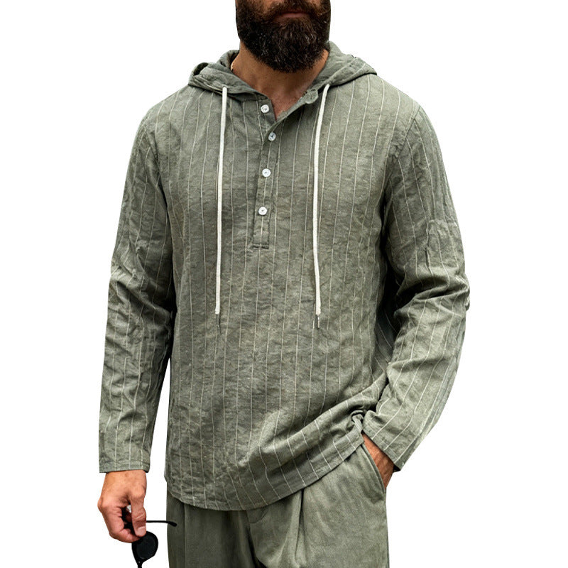 Herren nan Kapuzenshirt aus Leinenmix mit halber Knopfleiste und Nadelstreifen