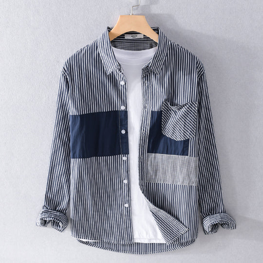 Herren Gestreiftes Overshirt mit Farbblock‑Einsätzen und aufgesetzter Brusttasche Shop Nory