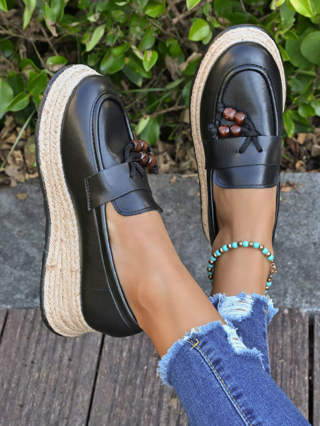 Damen Espadrilles mit modischer Schnürung und geflochtenem Boden