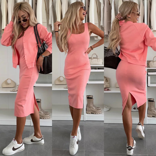 Damen tailliertes Strick-Midikleid mit feiner Rippstruktur und kurzer Button-Jacke Shop Nory