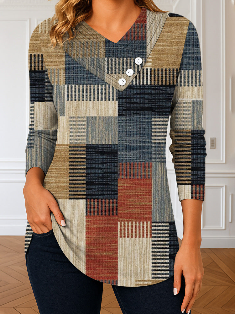Damen Langarm-Tunika mit asymmetrischem V-Ausschnitt, Zierknopfleiste und kariertem Patchworkmuster Shop Nory