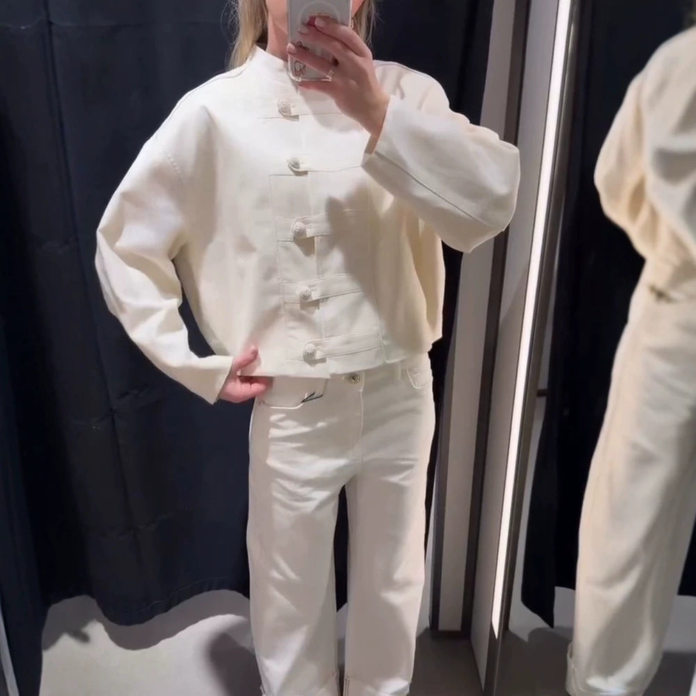 Damen Kurze Boxy-Jacke mit Mandarinkragen und dekorativer Knotenknopfleiste Shop Nory
