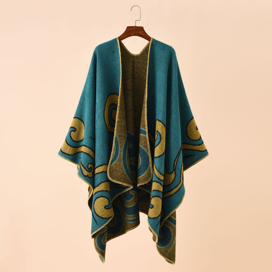 Damen Wollmix-Capeponcho im Ruana-Schnitt mit ornamentaler Intarsienstruktur Shop Nory