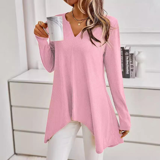 Damen Ripp Longsleeve Tunika mit V-Ausschnitt und asymmetrischem Haifischsaum Shop Nory