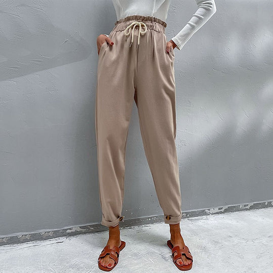 Damen Lässige Hose mit hohem Bund, Tunnelzug, Eingrifftaschen und konischer Beinform Shop Nory