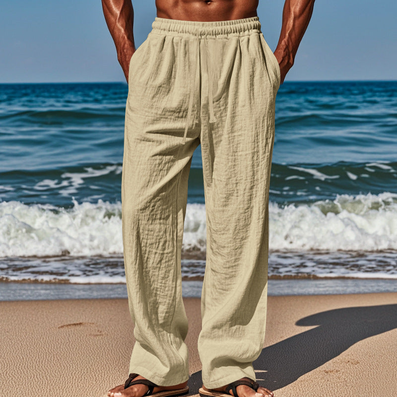 Herren nan luftige Strandhose aus Baumwoll-Leinen mit Tunnelzug und Seitentaschen