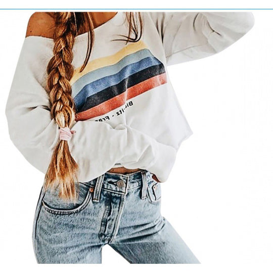 Damen Off-Shoulder Sweatshirt mit Retro-Bandprint und lockerer Cropped-Passform Shop Nory