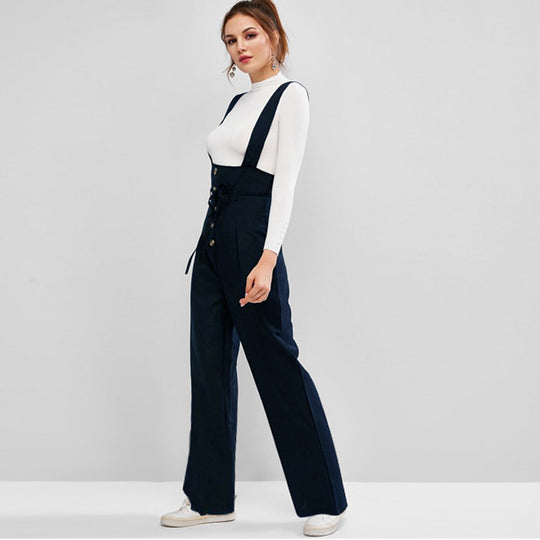Damen High-Waist Latzhose-Jumpsuit mit Knopfleiste und breiten Trägern Shop Nory