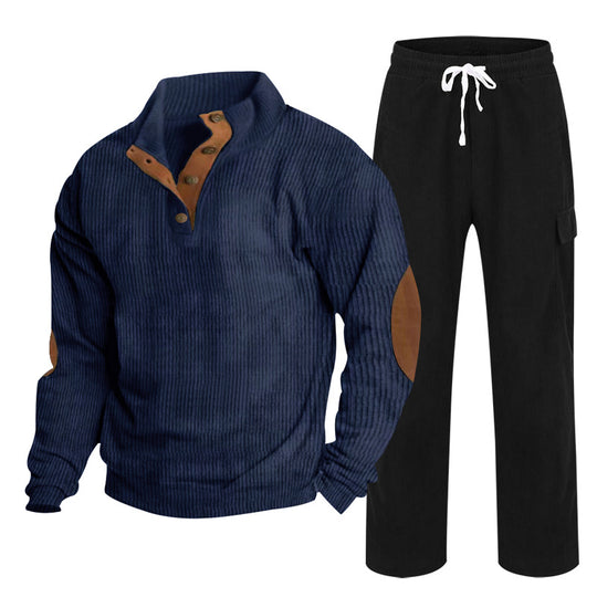 Herren Gemütliches Freizeit-Set aus Waffelstrick-Henley mit Ellenbogenpatch und Relax-Cargo-Hose Shop Nory
