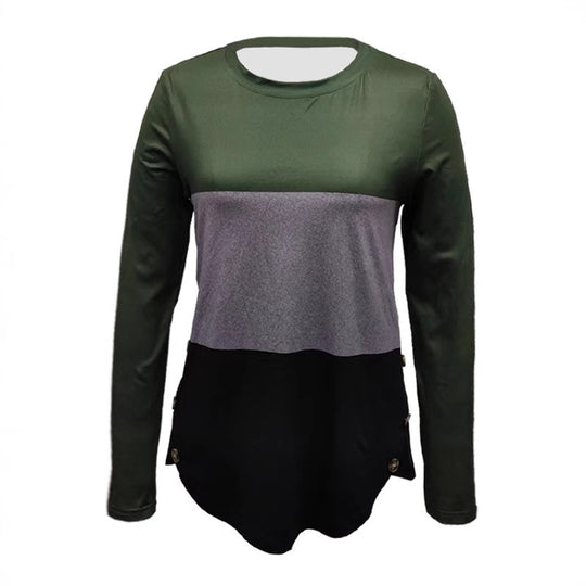 Damen Langarm-Colorblock-Shirt mit rundem Saum und seitlichem Knopfdetail Shop Nory