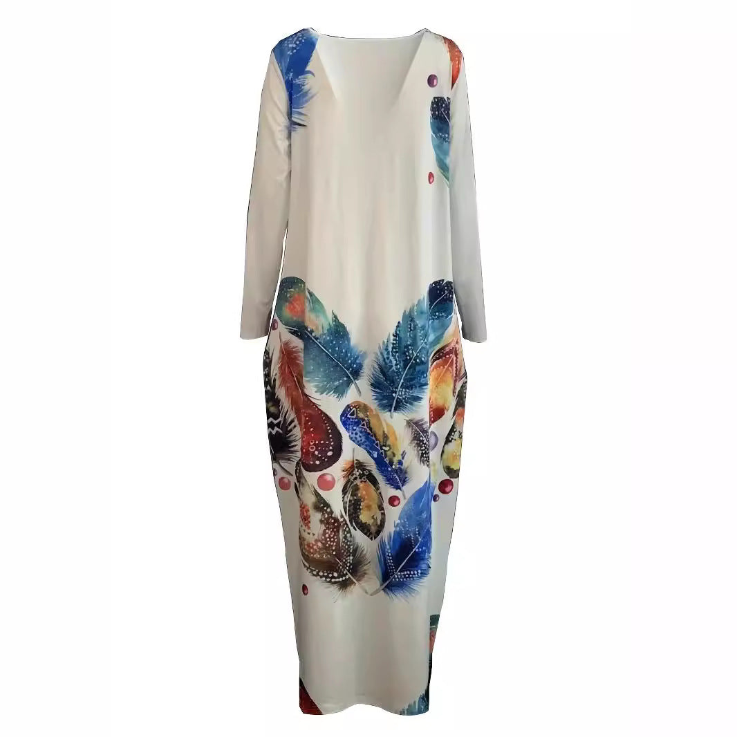 Damen Fließendes Maxikleid mit auffälligem Federmotiv, tiefem Rundhalsausschnitt und Seitentaschen Shop Nory