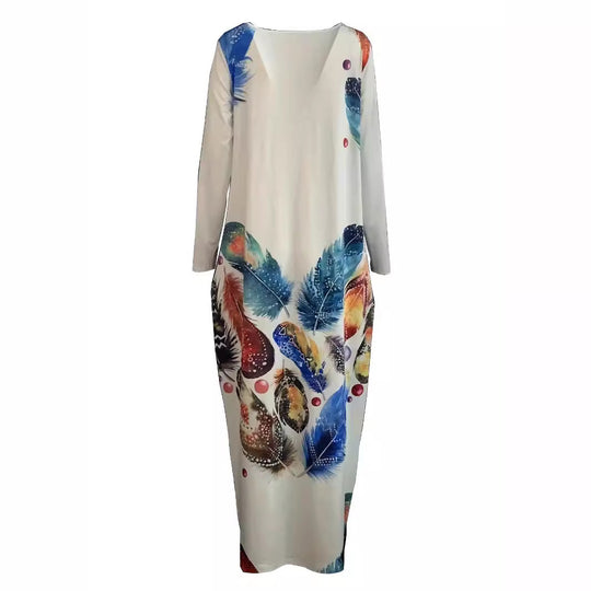 Damen Fließendes Maxikleid mit auffälligem Federmotiv, tiefem Rundhalsausschnitt und Seitentaschen Shop Nory