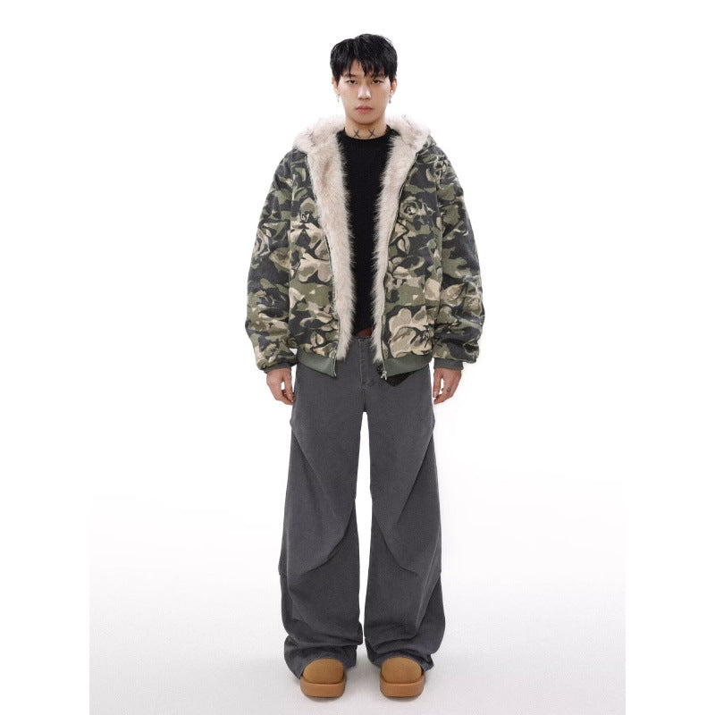 Herren Warmer gefütterter Camouflage-Bomber mit Kapuze und Kunstfellbesatz Shop Nory