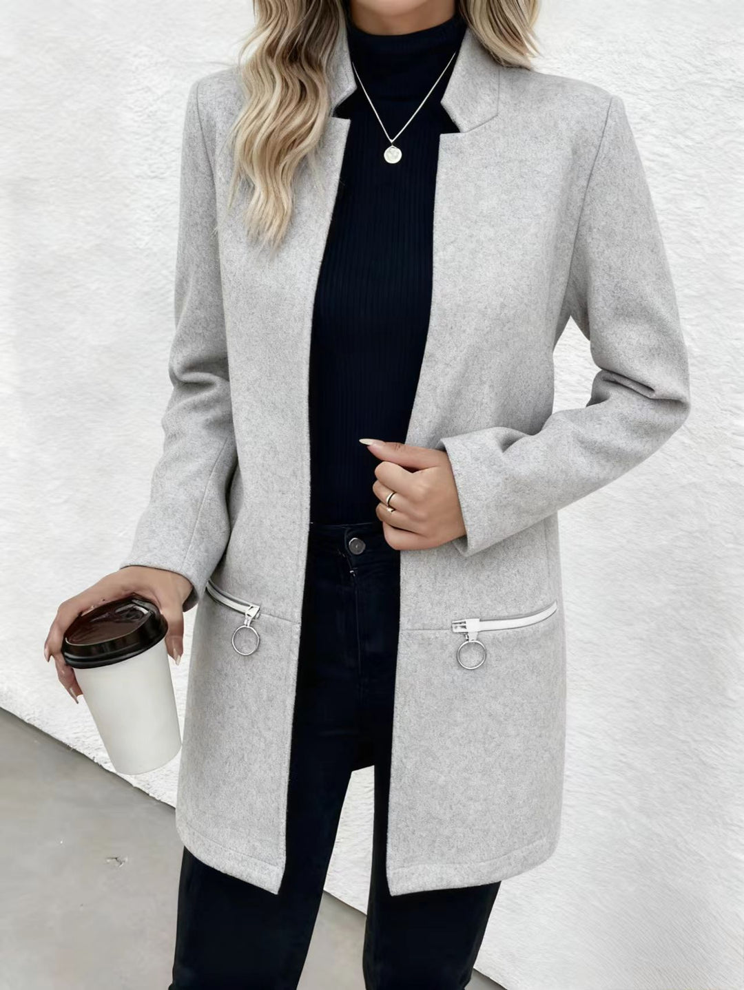 Damen Kastenmantel mit Fischgrätenstruktur, schlankem Stehkragen und Zier-Reißverschlusstaschen Shop Nory