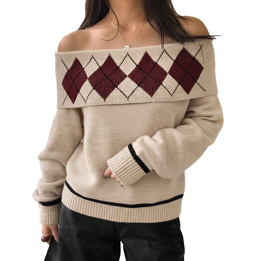 Damen Schulterfreier Strickpullover mit Rautenmuster und umgeschlagenem Kragen Shop Nory