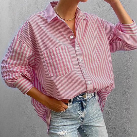 Damen Oversized-Casual Hemdbluse mit kontrastierenden Streifen und aufgesetzter Brusttasche Shop Nory