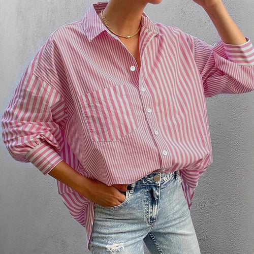 Damen Oversized-Casual Hemdbluse mit kontrastierenden Streifen und aufgesetzter Brusttasche Shop Nory