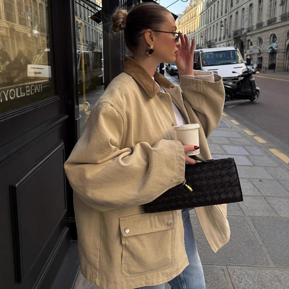 Damen Oversize-Fieldjacke mit Cordkragen, großen Pattentaschen und Druckknopfverschluss Shop Nory