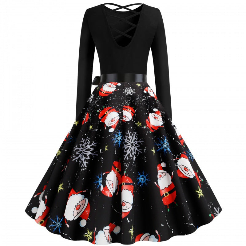 Damen Festliches Swingkleid mit Nikolausprint, tailliertem Satinband und gekreuztem Rückendetail Shop Nory