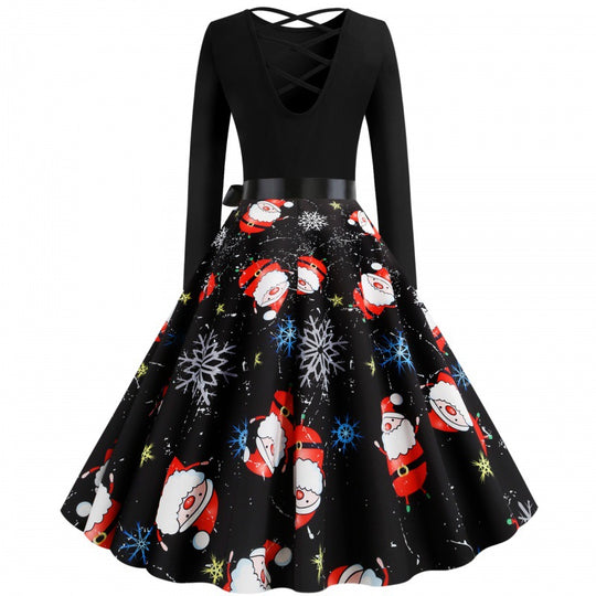 Damen Festliches Swingkleid mit Nikolausprint, tailliertem Satinband und gekreuztem Rückendetail Shop Nory