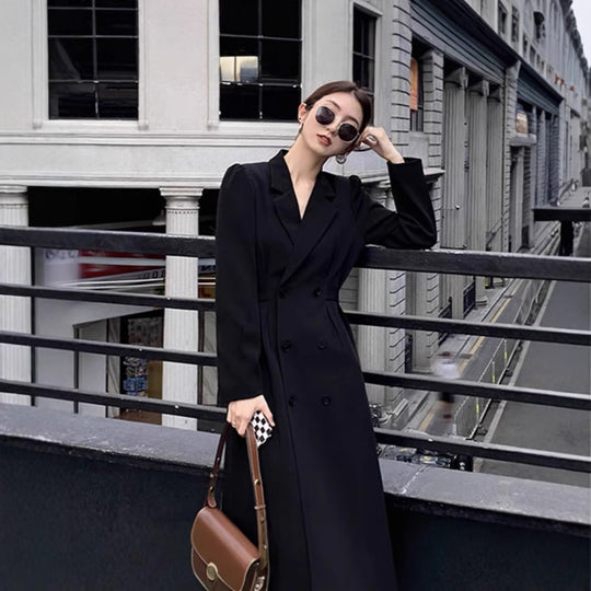Damen Doppelreihiger Longblazer‑Mantel mit taillierter Schnittführung und strukturierten Schultern Shop Nory