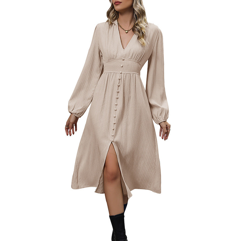 Damen Midi-Kleid mit V-Ausschnitt, Taillenpassé, Knopfleiste und Plissee-Struktur Shop Nory