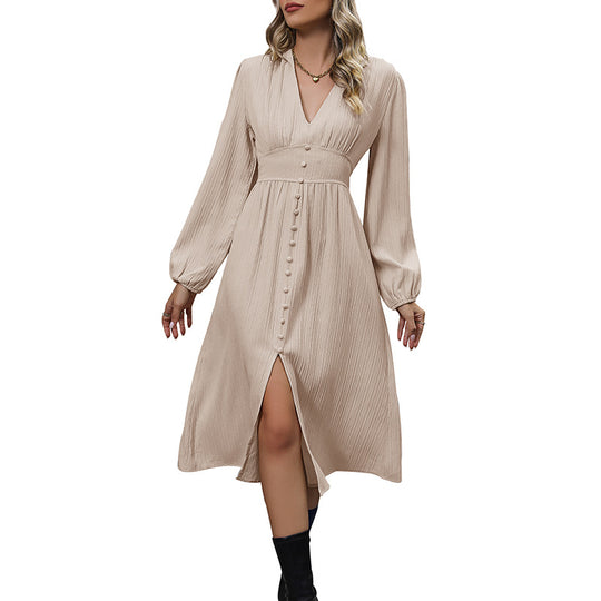 Damen Midi-Kleid mit V-Ausschnitt, Taillenpassé, Knopfleiste und Plissee-Struktur Shop Nory