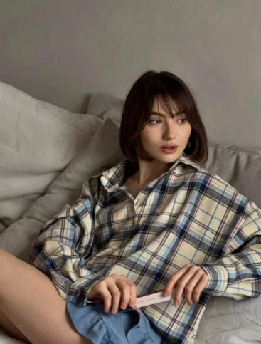 Damen Karo Oversize Flanellhemd Bluse mit Druckknopfblende und Hemdkragen Shop Nory