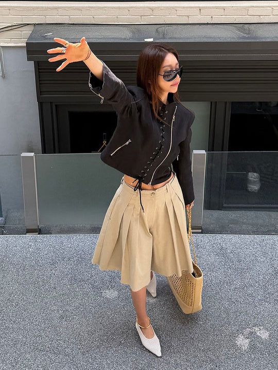 Damen Kurz geschnittene Schnür-Bikerjacke mit asymmetrischem Reißverschluss Shop Nory