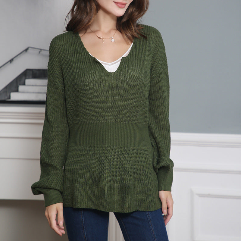 Damen Lockerer Feinstrick-Pullover mit V-Notch-Ausschnitt, Tailliertem Rippbund und Ballonärmeln Shop Nory