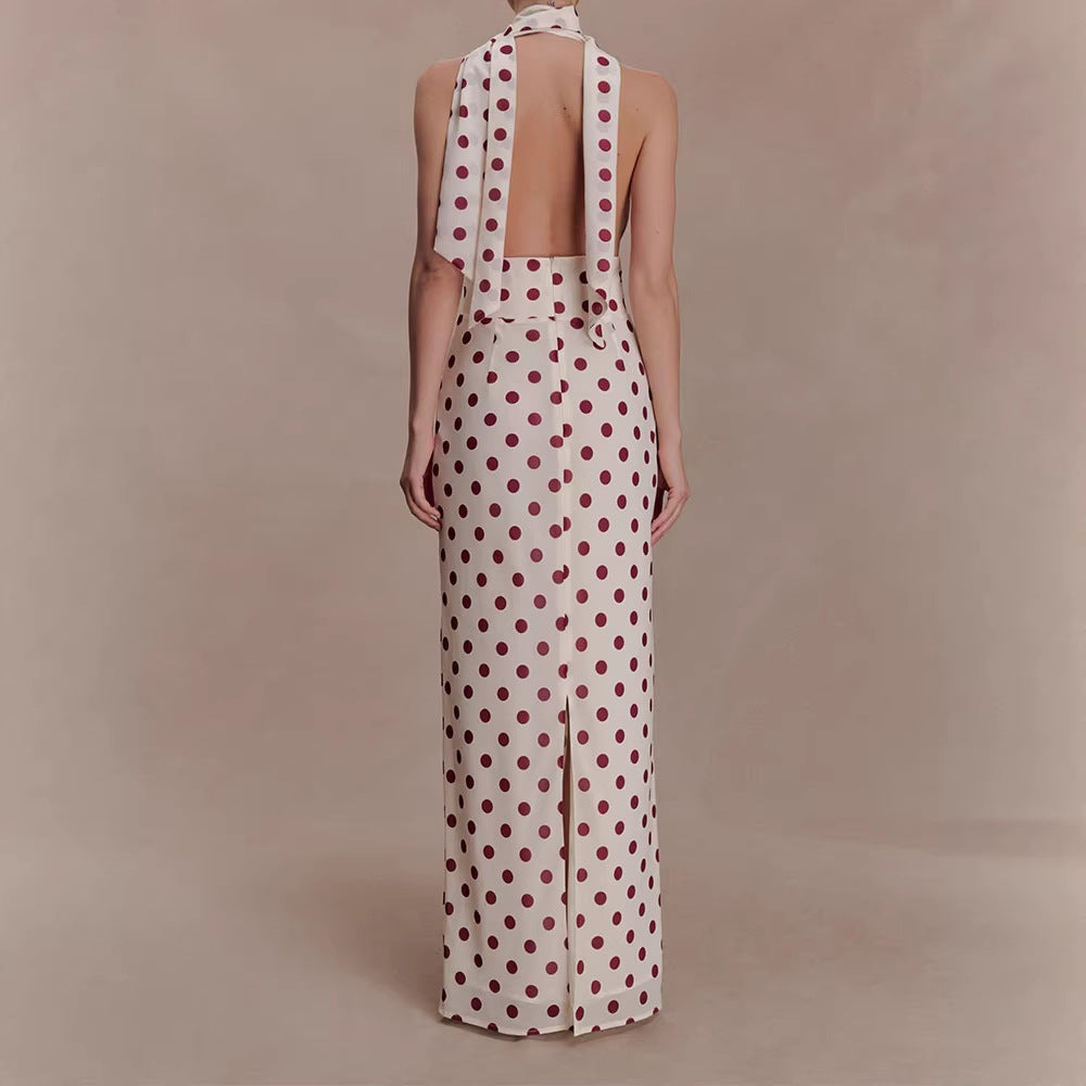 Damen Halter-Maxi-Kleid mit klassischen Punkten Shopnory