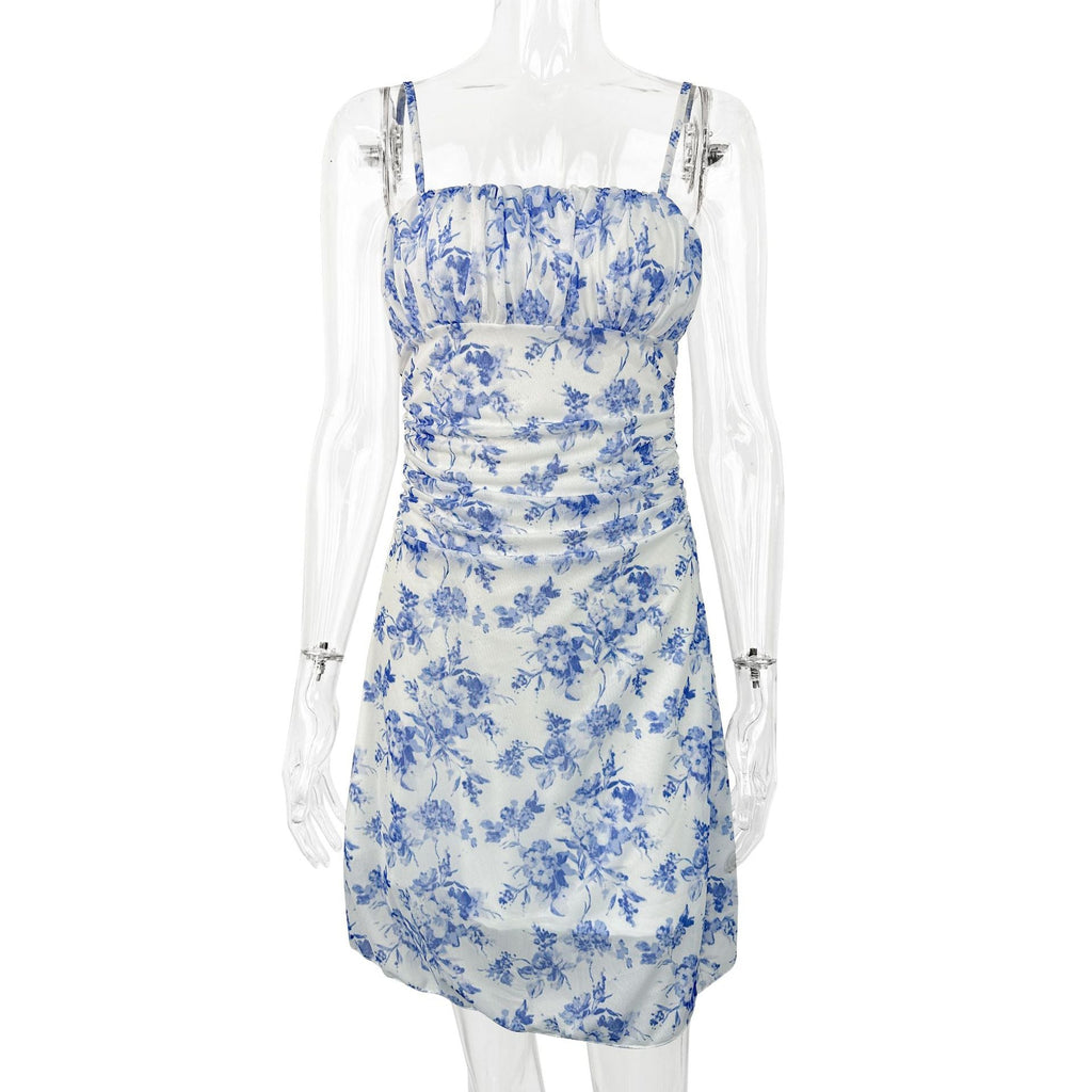 Damen Sommerliches Blumenkleid mit Spaghetti-Trägern und Raffungen