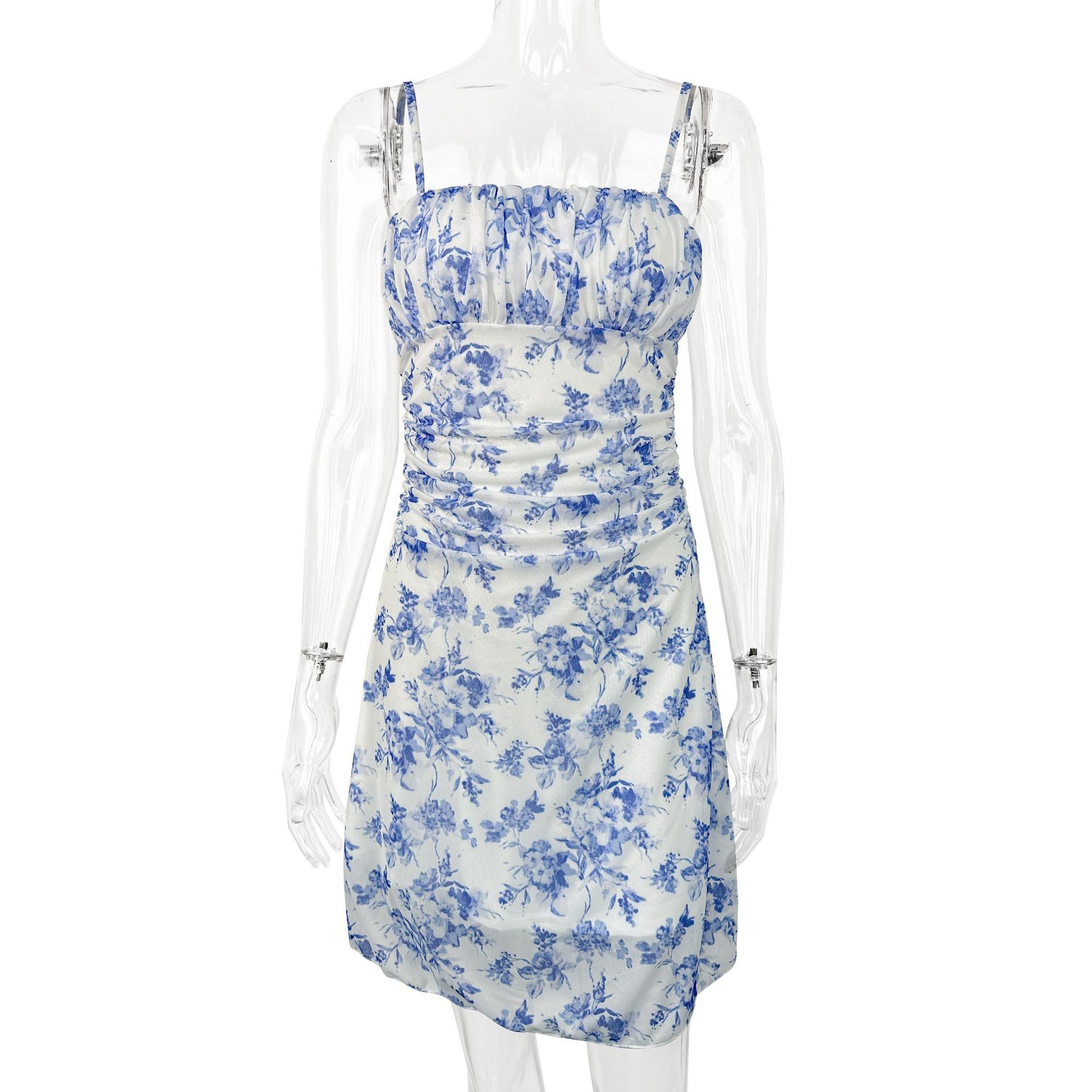Damen Sommerliches Blumenkleid mit Spaghetti-Trägern und Raffungen