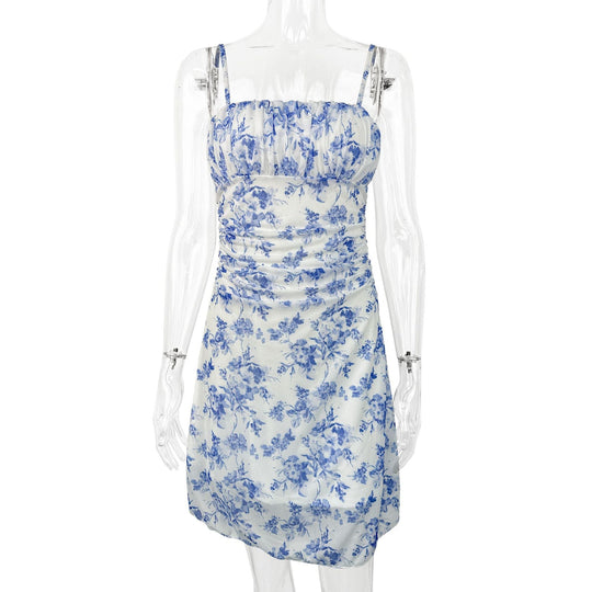 Damen Sommerliches Blumenkleid mit Spaghetti-Trägern und Raffungen