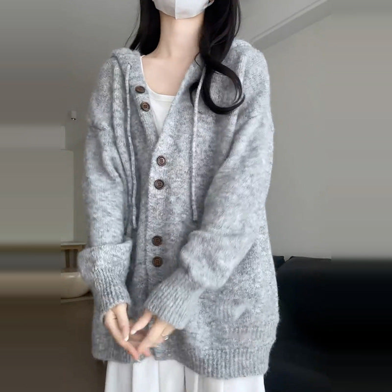 Damen Weiche Kapuzenstrickjacke mit Knopfdetails Shop Nory
