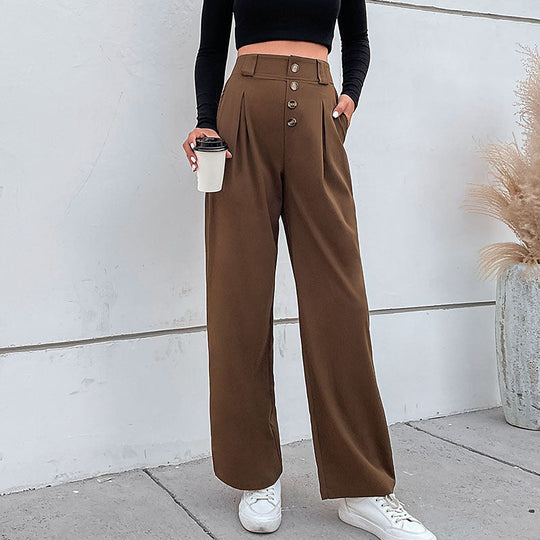 Damen Hochtaillierte weite Stoffhose mit Zierknopfleiste und Bundfalten Shop Nory