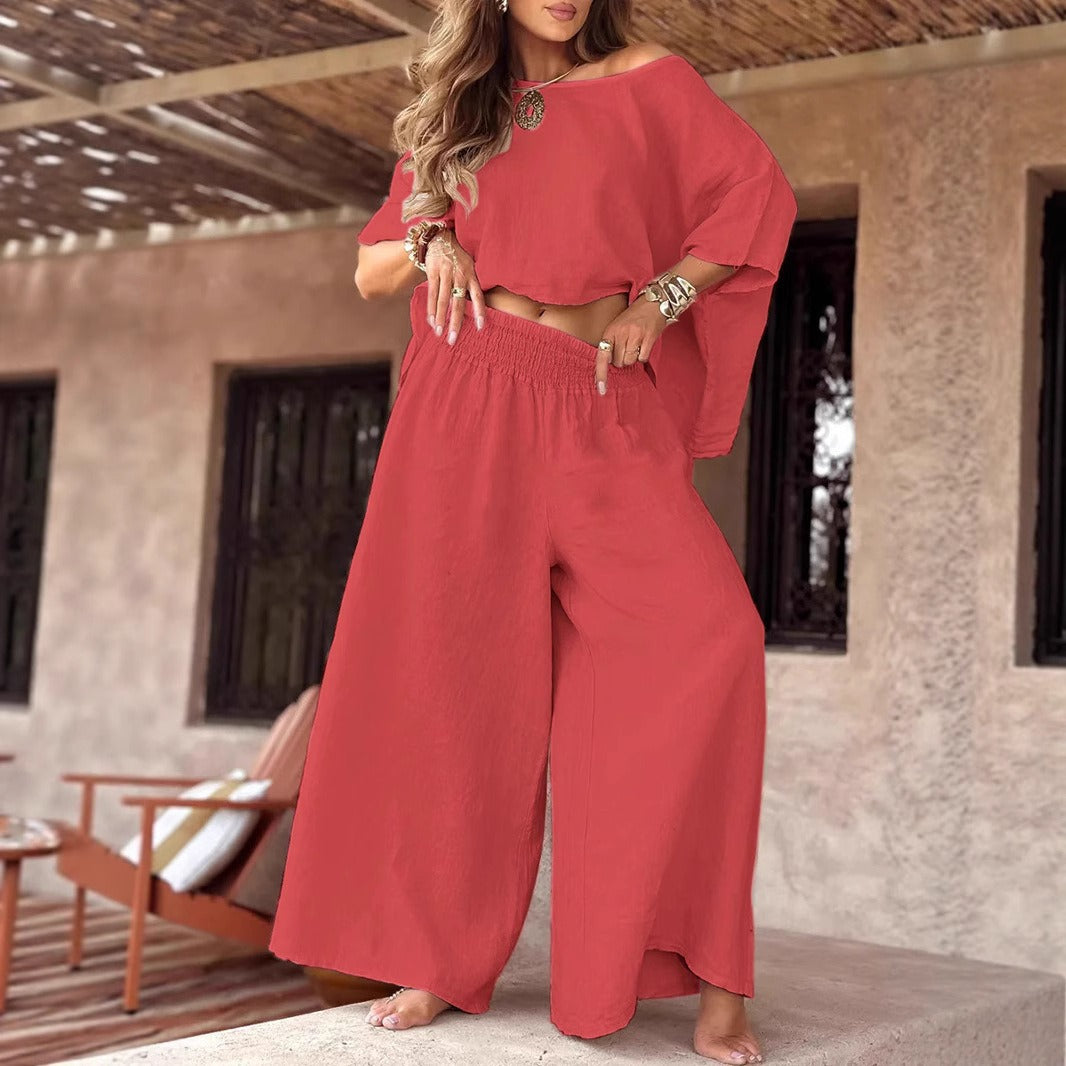 Damen Leichter Leinen-Zweiteiler mit Cropped Oversize-Top und Smokbund-Palazzohose Shop Nory