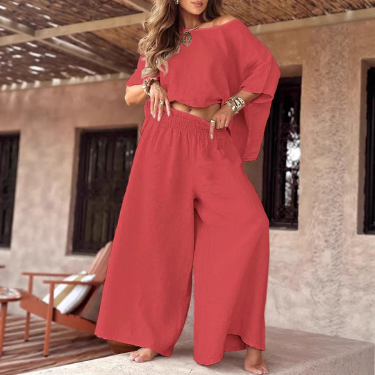 Damen Leinen-Set mit Cropped Oversize-Top und hohem elastischem Bund Palazzohose Shop Nory
