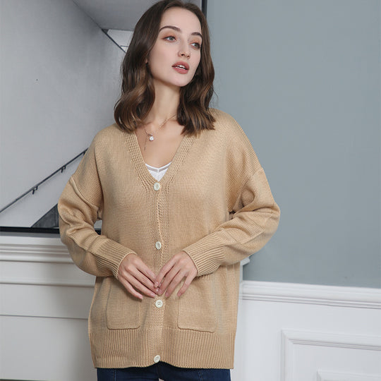 Damen Feiner Oversize-Strickcardigan mit V-Ausschnitt, Knopfleiste und aufgesetzten Eingrifftaschen Shop Nory