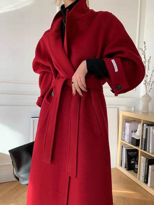 Damen Langer Wollmix‑Mantel mit Bindegürtel und Ballonärmeln Shop Nory