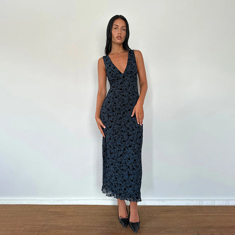 Damen Maxikleid mit floralem Spitzenmuster und tiefem V-Ausschnitt