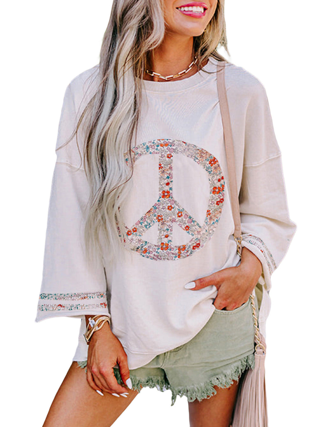 Damen Sweatshirt mit Floralem Peace-Zeichen