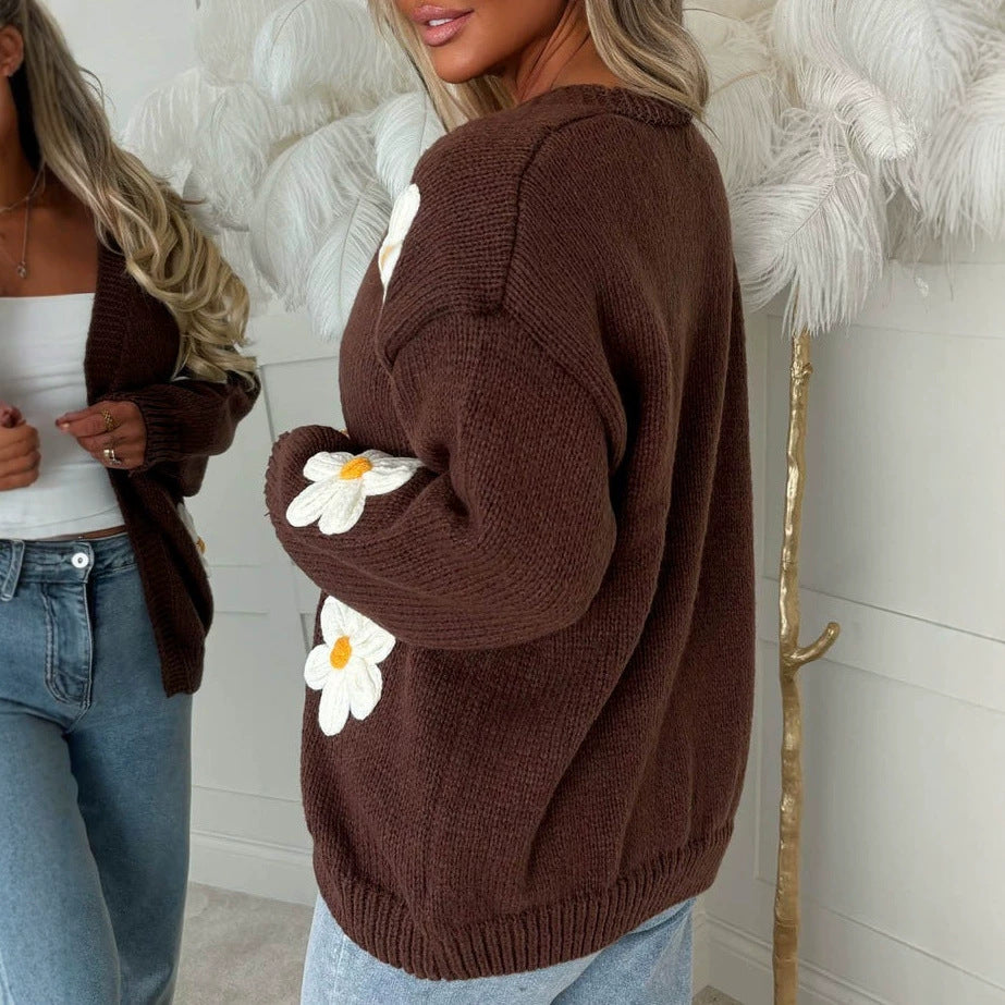 Damen Oversize-Strickcardigan mit 3D-Blumenapplikationen und geripptem Saum Shop Nory