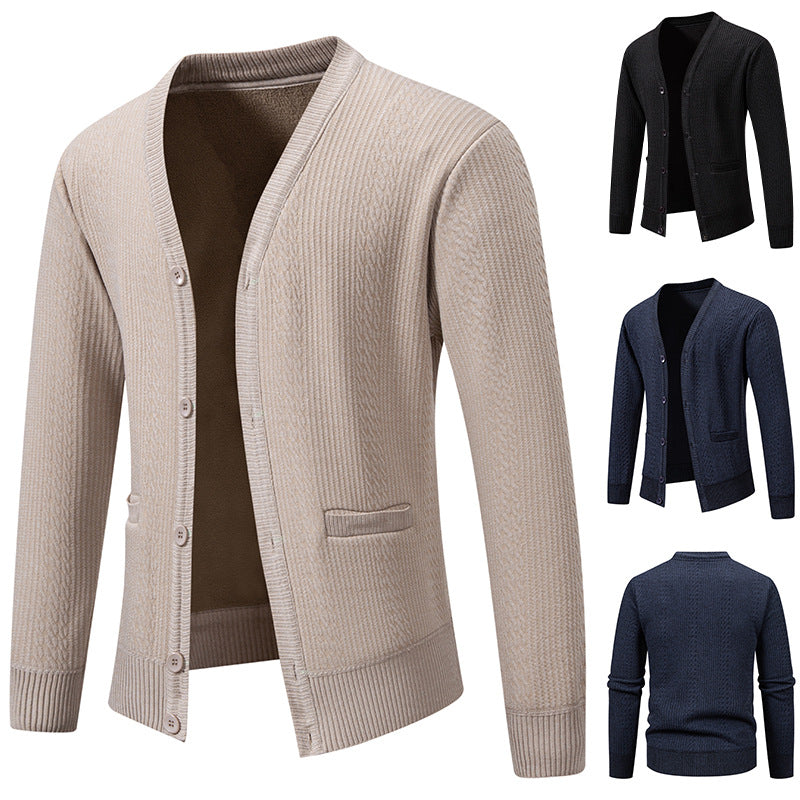 Herren Texturierter V-Ausschnitt Strickcardigan mit Knopfleiste und Eingrifftaschen Shop Nory