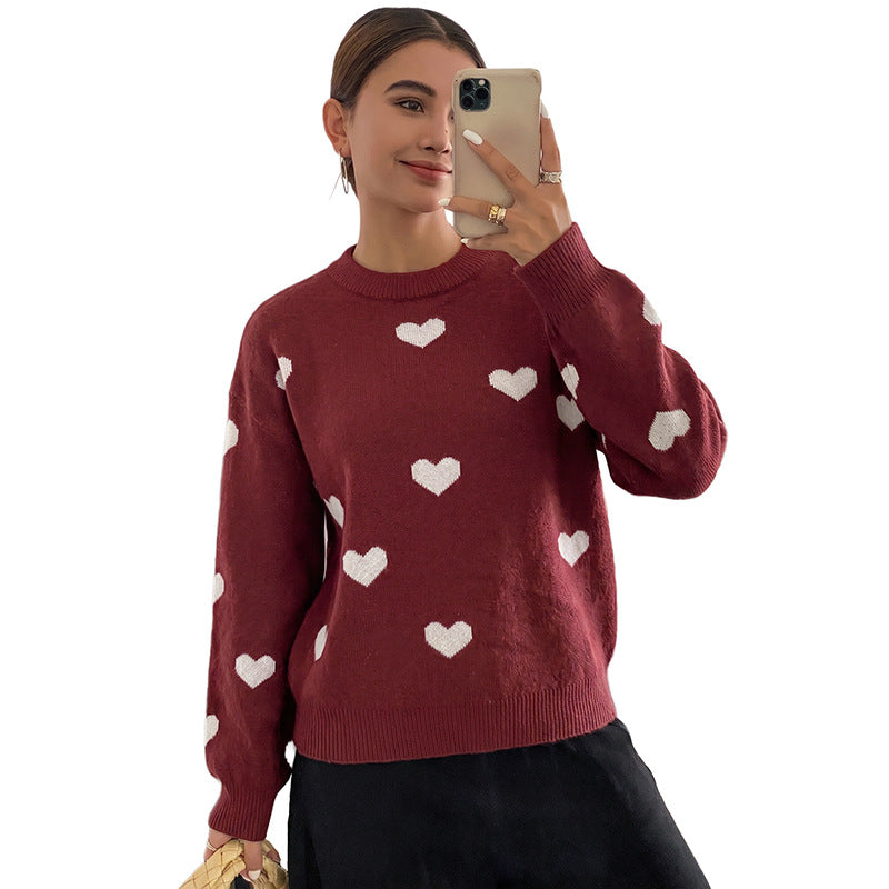 Damen Grobstrick-Pullover mit Herzintarsien und klassischem Rundhalsausschnitt Shop Nory