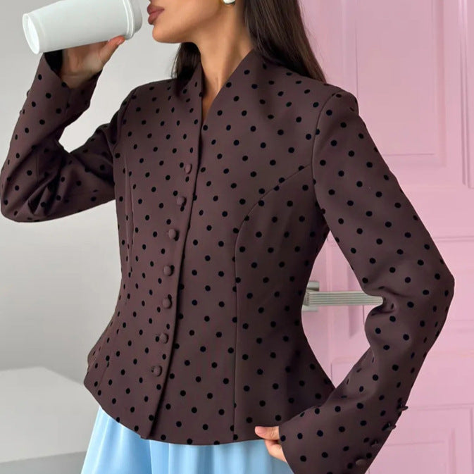 Damen Taillierter Stehkragen-Blazer mit Punktmuster und verdeckter Knopfleiste Shop Nory