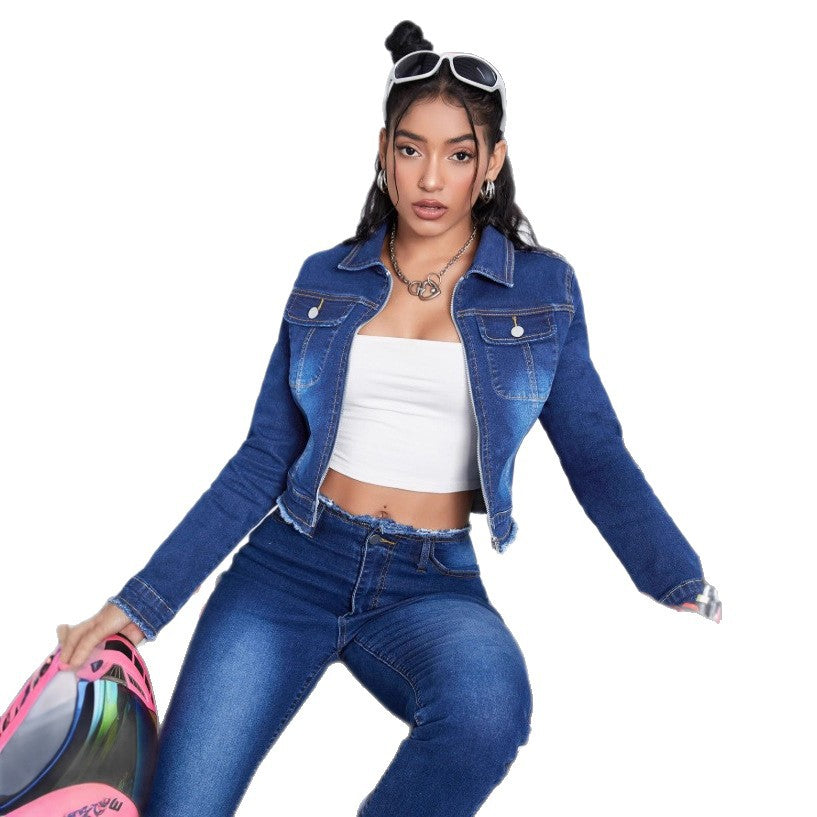 Damen Kurze taillenlange Jeansjacke mit Reißverschluss und ausgefranstem Bund Shop Nory